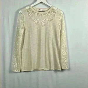 Macaron Women’s Classy Top Scoop Neck Pullover Beige Front Lacey Long Sleeves S